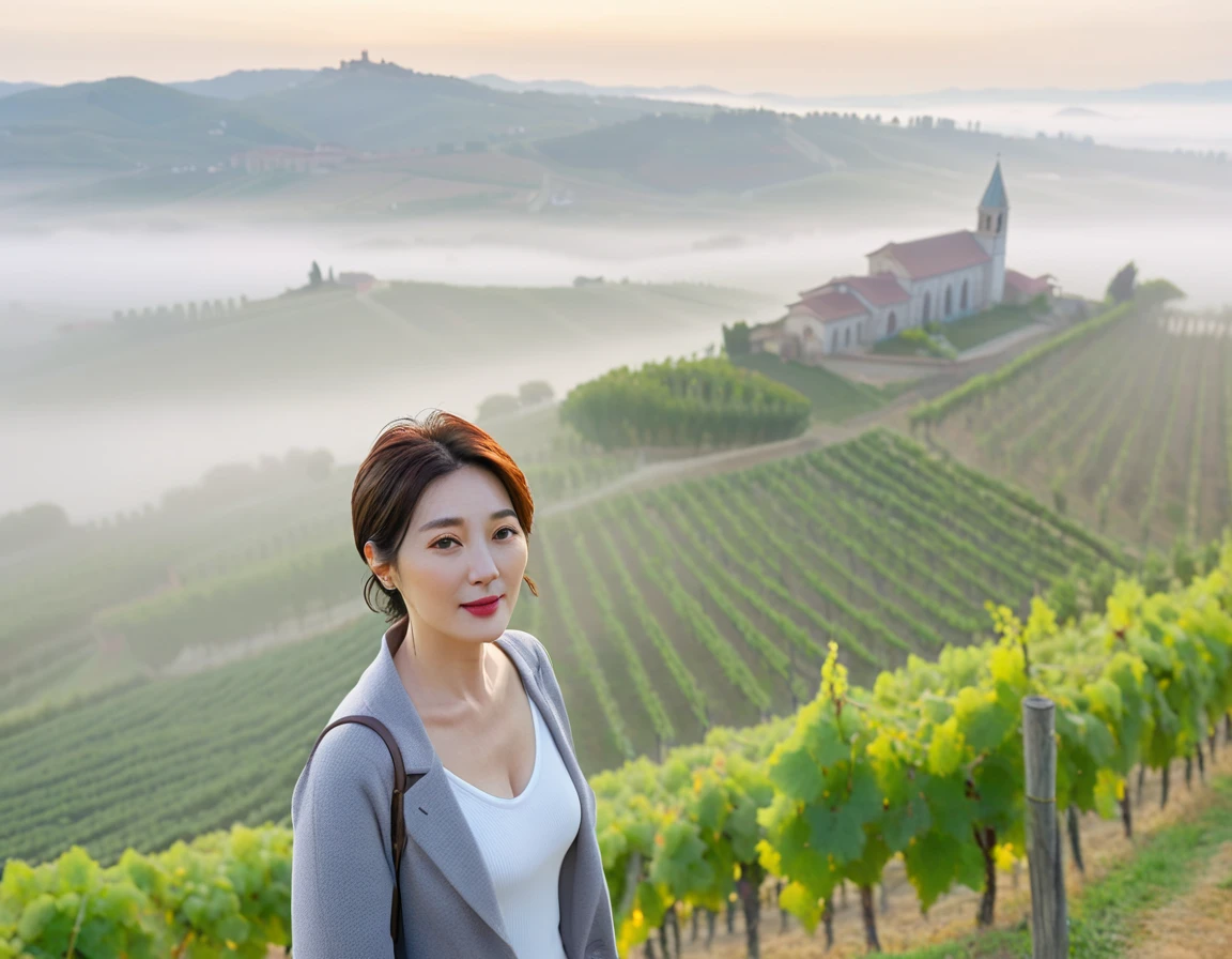 8k best picture quality, Beautiful 36-year-old Korean woman, short and nice weather. Chest size 34 inches, Dense fog at dawn in the Italian countryside, past the vineyard, The cathedral is visible in the fog in the distance., The back background is realistic and vivid quality., Short and medium hair blowing in the wind,Wear comfortable clothes for traveling, a faint smile. the background is clear, Short and slim Korean woman, stand far away, Photo taken with a wide-angle lens, Taken from a hill overlooking a misty vineyard