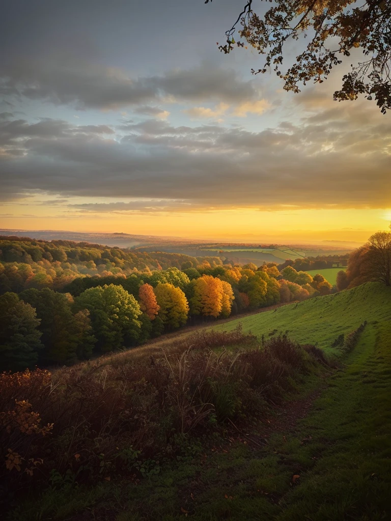 Photo of the distant view from The, in the style of punk, landscape photography, sunset, golden hour, autumnal colours, English countryside, rolling hills and woodland, with Bishop's colourful sky. In sharp focus, taken on an iPhone camera,A photo taken by an iPhone 14 pro,Low saturation --ar 7:8 --v 6.0 --s 50 --style raw