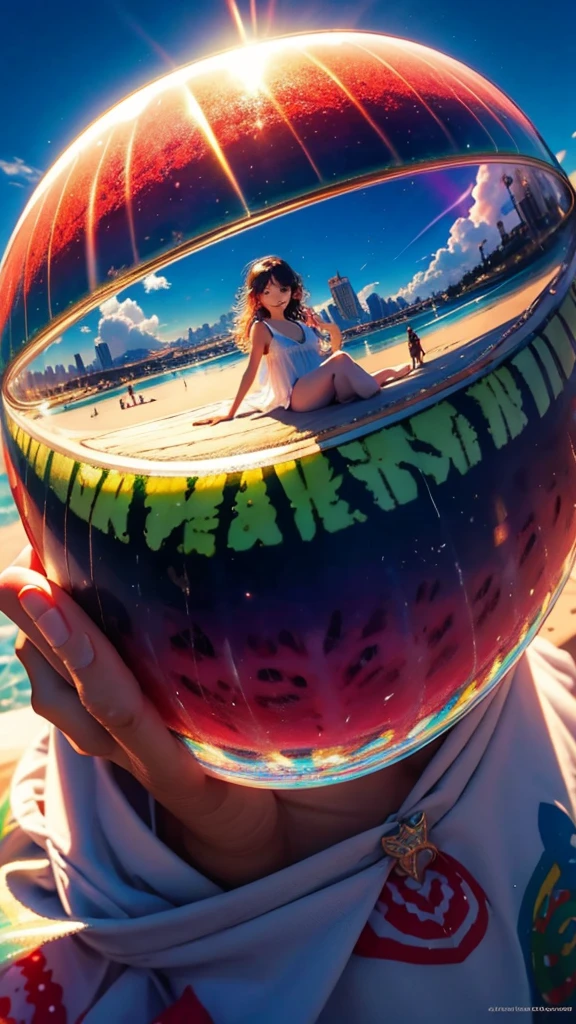 (Highest quality), (8K), (Highest quality), (live-action), (Realistic photos), Shining in rainbow colorswatermelon、summer、summerを感じる物、summerを感じる風景, watermelon、watermelon畑、blue sky, Rainbow and sunshine shining.16K, Ultra-high resolution, Shining in rainbow colors、to be born,wonderful ,future、Iridescent、The world 30 years from now。