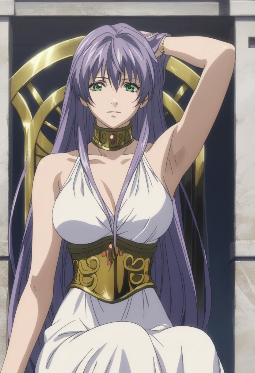 best quality,masterpiece,looking at viewer,absurdres,1girl,score_9,score_8_up,score_7_up,source_anime BREAK sasha,green eyes,purple hair,long hair,large breasts,white dress1,dress,gold necklace,bare shoulders, show armpit