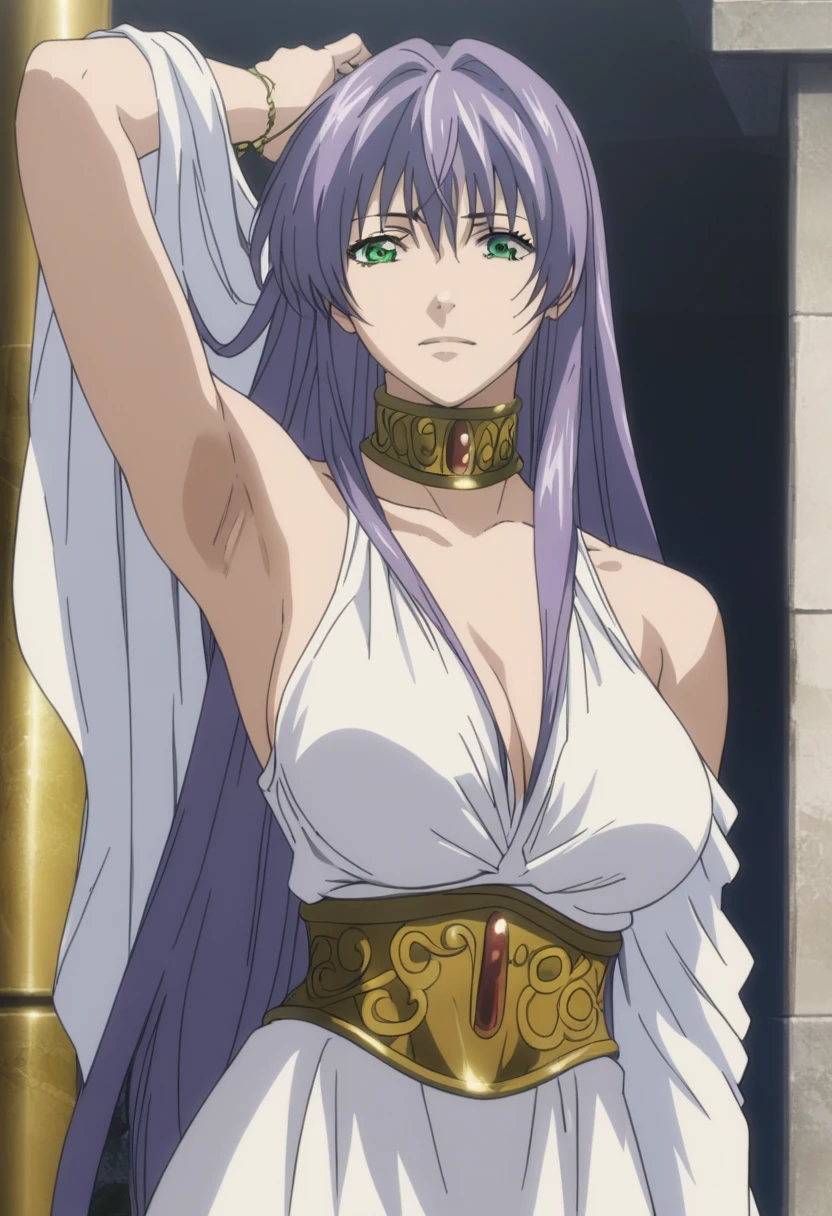 best quality,masterpiece,looking at viewer,absurdres,1girl,score_9,score_8_up,score_7_up,source_anime BREAK sasha,green eyes,purple hair,long hair,large breasts,white dress1,dress,gold necklace,bare shoulders, bare breasts, bare nipples, show armpit, seduce face with smile
