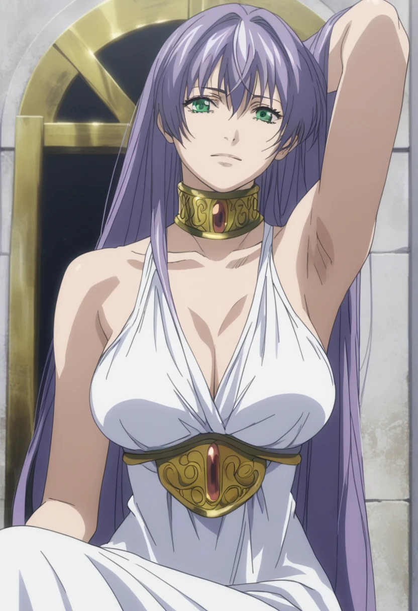 best quality,masterpiece,looking at viewer,absurdres,1girl,score_9,score_8_up,score_7_up,source_anime BREAK sasha,green eyes,purple hair,long hair,large breasts,white dress1,dress,gold necklace,bare shoulders, show armpit