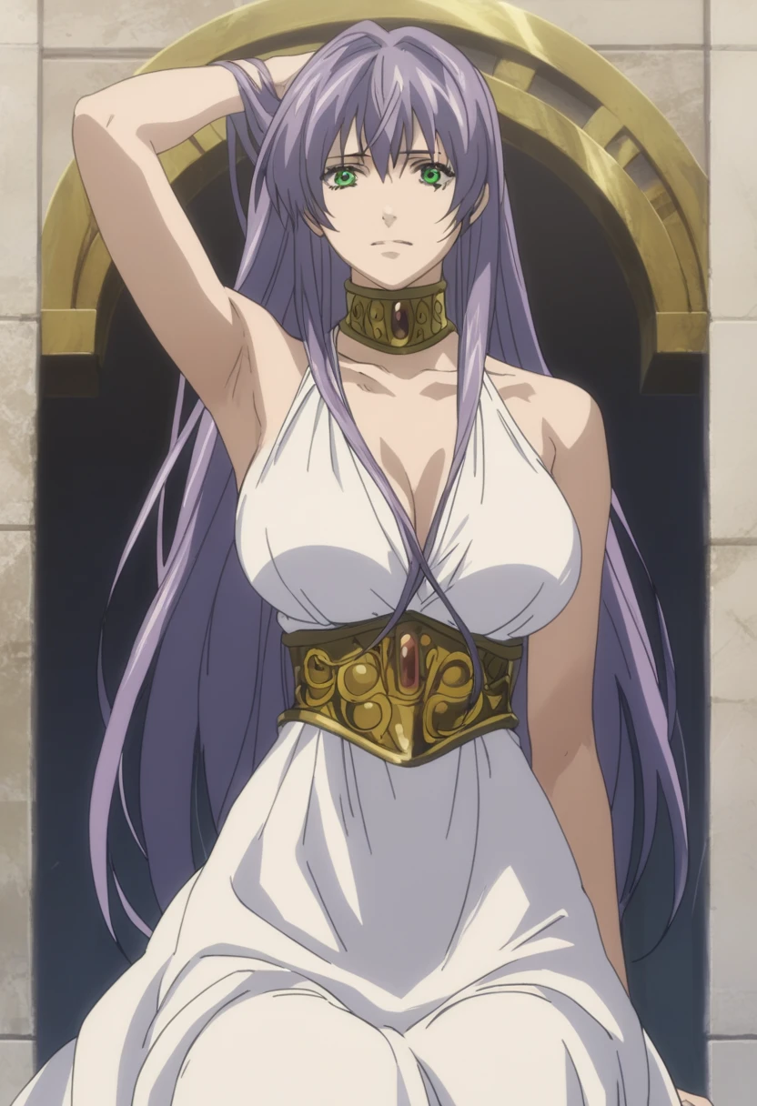 best quality,masterpiece,looking at viewer,absurdres,1girl,score_9,score_8_up,score_7_up,source_anime BREAK sasha,green eyes,purple hair,long hair,large breasts,white dress1,dress,gold necklace,bare shoulders, show armpit