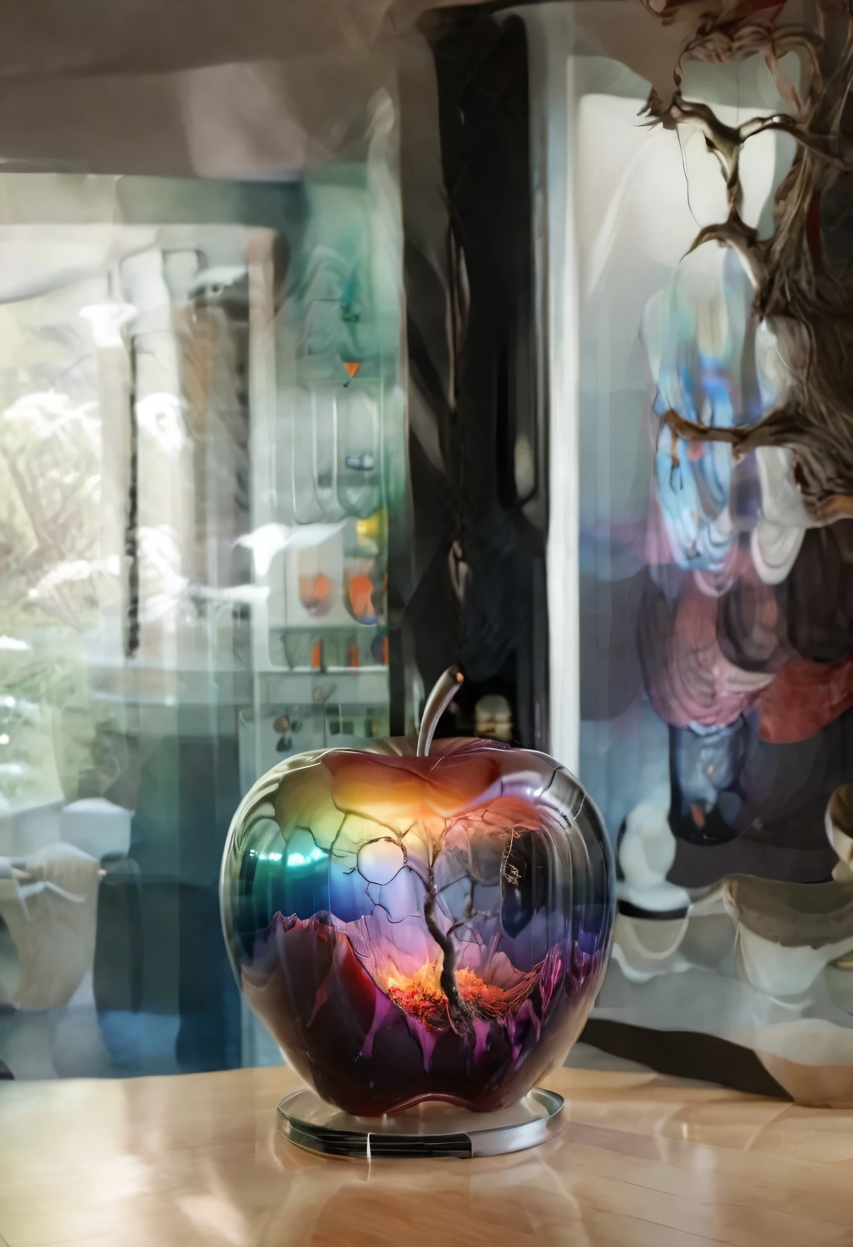 a beautiful (close up) photo of a perfect see-through (big glowing glass apple) illuminating the scene, silhouette of a (woman screaming) and wild and roots growing frantically inside, up close.
(iridescent glowing: 1.66), dreamy, ethereal, hyper realistic, amazing quality, amazing detail, photorealism, 100mm macro lens, dark background, surrounded by fog, surrounded by (red smoke), in a forest, (night), smoky, gorgeous, shallow depth of field, black/purple fade, atmospheric haze, volumetric fog,
