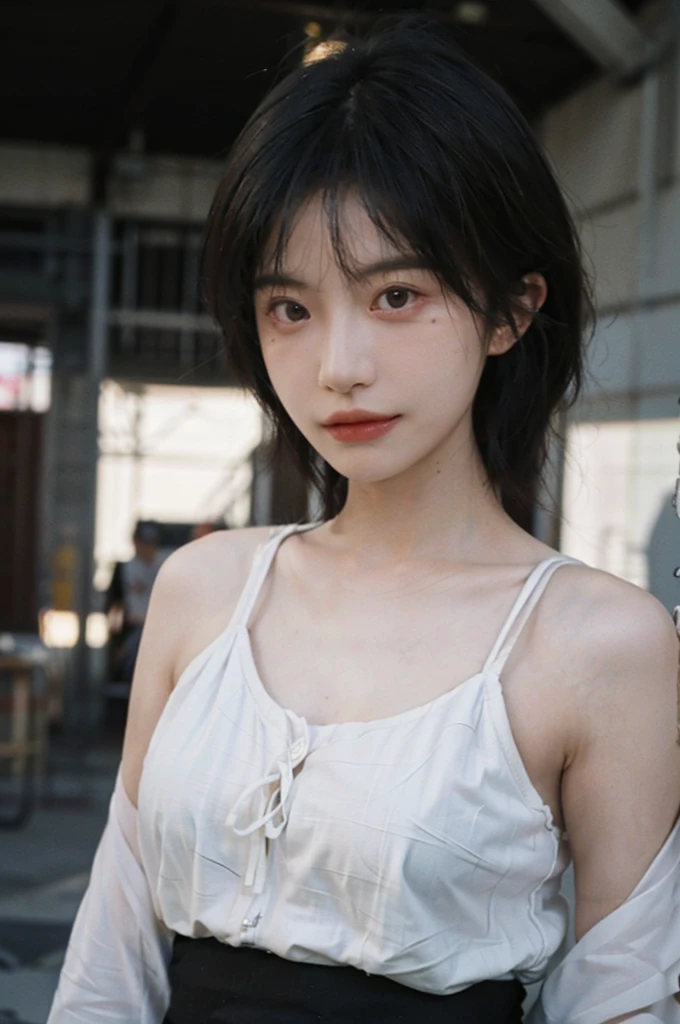 1 girl，Model，Upper Body，short hair,A faint smile,serene, calm，Moles under the eyes,Exquisite eyes, Delicate face,Lipstick,earrings,Hair details, skirt，（Dress conservatively：1.3）(Large Breasts:1.2),outdoor,background,城市background，(Skin details:1.4),(Realistic and detailed eyes：1.2）, Natural skin texture, Realistic facial details,Close-up of face,Portrait Photography,(Portrait Photography:1.1), (smooth skin textures:1.3), (Highest quality real skin textures:1.4), Direct vision,Soft dramatic lighting, Vivid details, 35 mm film, (Photo Practical:1.4), (hyper Practical:1.4), (Practical:1.3), (Smoother lighting:1.05), (Improve lighting quality:0.9), (Enhance the beauty of skin texture:1.1), Depth of Field, Bokeh, Surrealism, Ray Tracing, ( Surrealism, High Detail, Chiaroscuro, Ray Tracing, reflected light, Ultra HD, Ultra HD, masterpiece, Textured Skin, Super Detail, High Detail, high quality, best quality