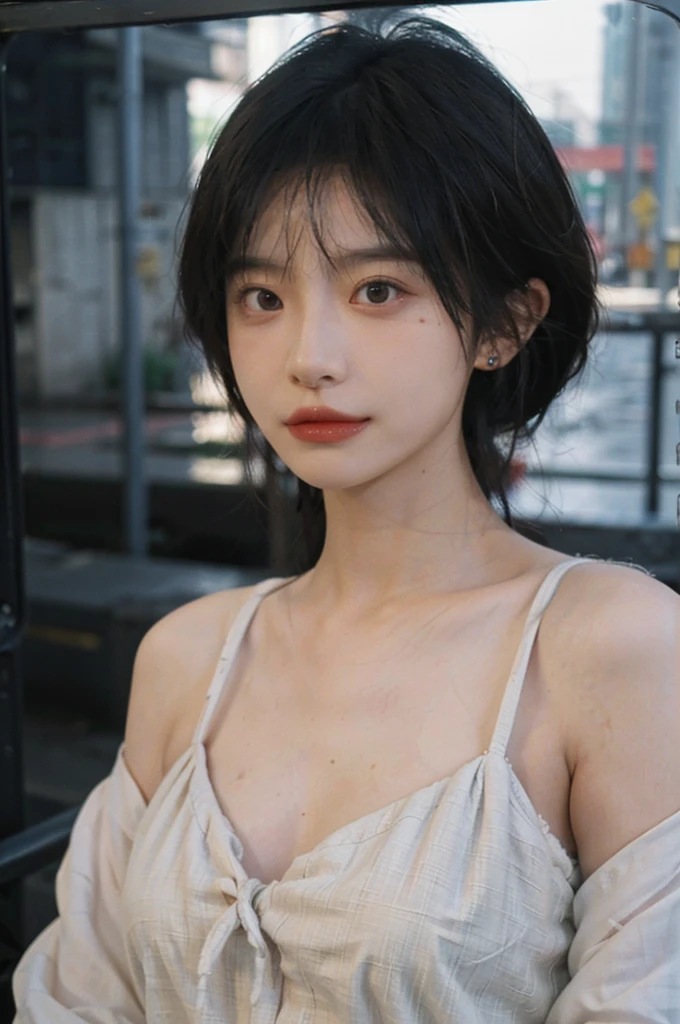 1 girl，Model，Upper Body，short hair,A faint smile,serene, calm，Moles under the eyes,Exquisite eyes, Delicate face,Lipstick,earrings,Hair details, skirt，（Dress conservatively：1.3）(Large Breasts:1.2),outdoor,background,城市background，(Skin details:1.4),(Realistic and detailed eyes：1.2）, Natural skin texture, Realistic facial details,Close-up of face,Portrait Photography,(Portrait Photography:1.1), (smooth skin textures:1.3), (Highest quality real skin textures:1.4), Direct vision,Soft dramatic lighting, Vivid details, 35 mm film, (Photo Practical:1.4), (hyper Practical:1.4), (Practical:1.3), (Smoother lighting:1.05), (Improve lighting quality:0.9), (Enhance the beauty of skin texture:1.1), Depth of Field, Bokeh, Surrealism, Ray Tracing, ( Surrealism, High Detail, Chiaroscuro, Ray Tracing, reflected light, Ultra HD, Ultra HD, masterpiece, Textured Skin, Super Detail, High Detail, high quality, best quality