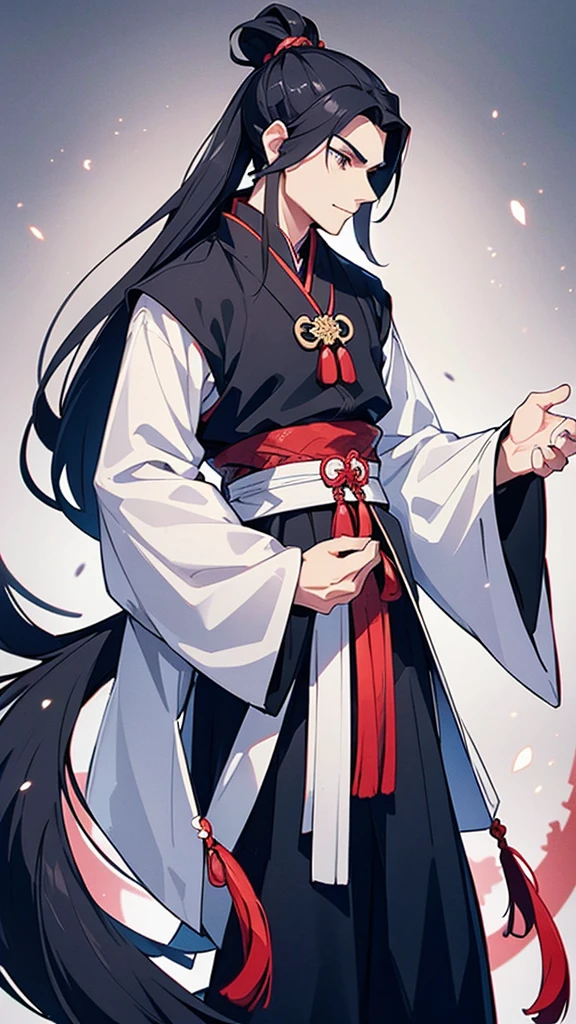 A young man stands in a side profile, his long black hair tied into a traditional Chinese topknot. He is dressed in an ancient Chinese Hanfu, featuring a white and black color scheme. An aura resembling a blue dragon surrounds him, giving off a mystical and powerful vibe.