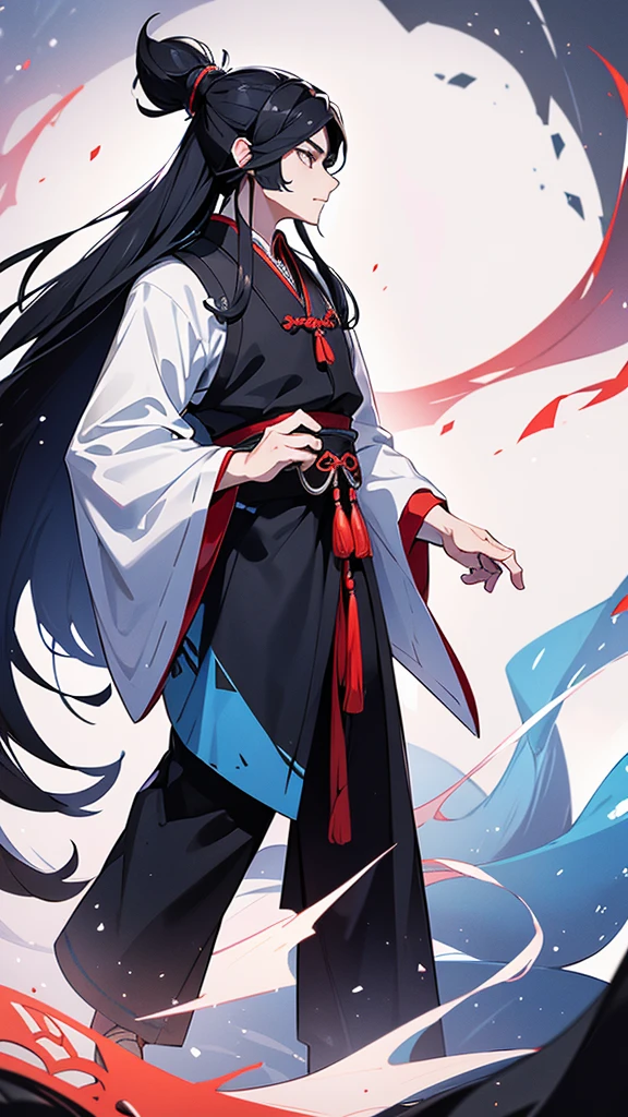 A young man stands in a side profile, his long black hair tied into a traditional Chinese topknot. He is dressed in an ancient Chinese Hanfu, featuring a white and black color scheme. An aura resembling a blue dragon surrounds him, giving off a mystical and powerful vibe.