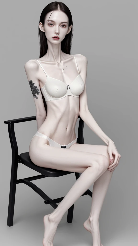 a woman, very thin body, body visible bones, very slender,sweaty weat body, pale white skin, panties, bra,tatto, full body, has a mental break down , sit a chair