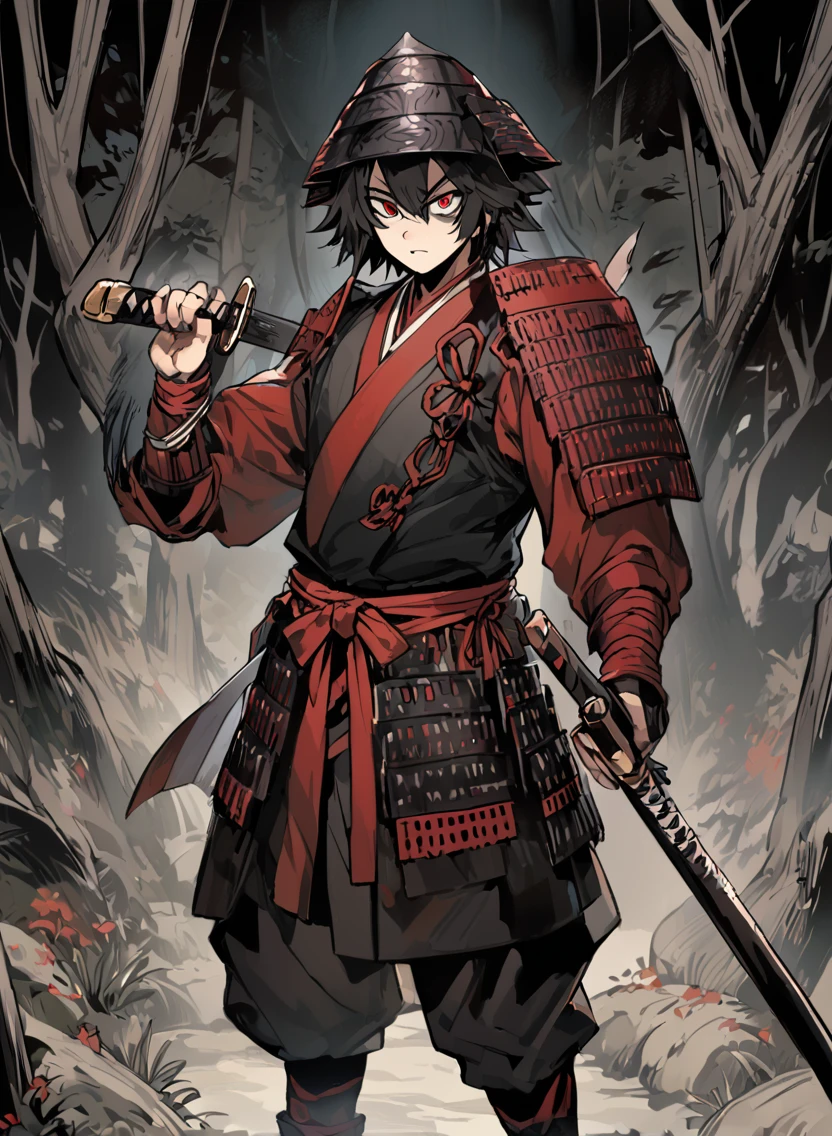 young man ,Male Dark, dark Woods,Red & Black colors, odd eye, samurai dnd, ronin backfround, hold katana in right hand