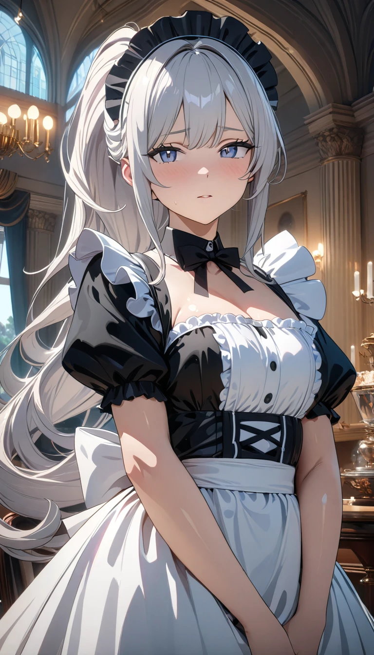 (((Best quality, 8k, Masterpiece: 1.3)), ((best quality)), ((masterpiece)), (detailed), perfect face, A maid girl with long silver hair, she looks at me, Her thick hair flows, A maid costume with frills. She serves at the royal court, high resolution, Textured skin, anime style, ponytail, shiny hair, long hair, maid headdress