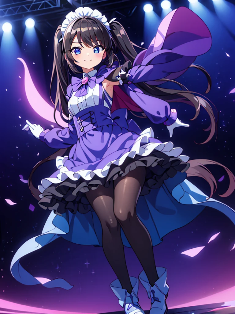 ((masterpiece, highest quality, ultra_high_detaile)), ((beautiful)), (beautiful detailed girl:1.4), ((4k cg)), (illustration), ((solo)), ((1girl)), (full body), ((slim body)), ((small_breasts)), ((aristocratic style)), (black hair), (swept bangs:1.4), (two side up), (long twintails), ((blue eye)), ((blue brooch)), BREAK ((Headdress)), (maid:1.4), (long sleeve maid clothes:1.4), ((apron_dress)), (Knee-length skirt:1.4), (light purple cape:1.4), (long cape:1.4), ((elbow_gloves)), ((brown pantyhose)), BREAK ((light blue boots)), (dance_hall), (dancing), (smile),