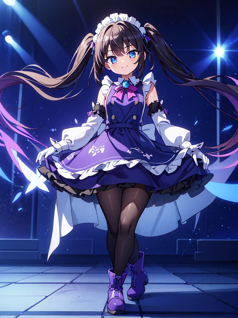 ((masterpiece, highest quality, ultra_high_detaile)), ((beautiful)), (beautiful detailed girl:1.4), ((4k cg)), (illustration), ((solo)), ((1girl)), (full body), ((slim body)), ((small_breasts)), ((aristocratic style)), (black hair), (swept bangs:1.4), (two side up), (long twintails), ((blue eye)), ((blue brooch)), BREAK ((Headdress)), (maid:1.4), (long sleeve maid clothes:1.4), ((apron_dress)), (Knee-length skirt:1.4), (light purple cape:1.4), (long cape:1.4), ((elbow_gloves)), ((brown pantyhose)), BREAK ((light blue boots)), (dance_hall), (dancing), (smile),