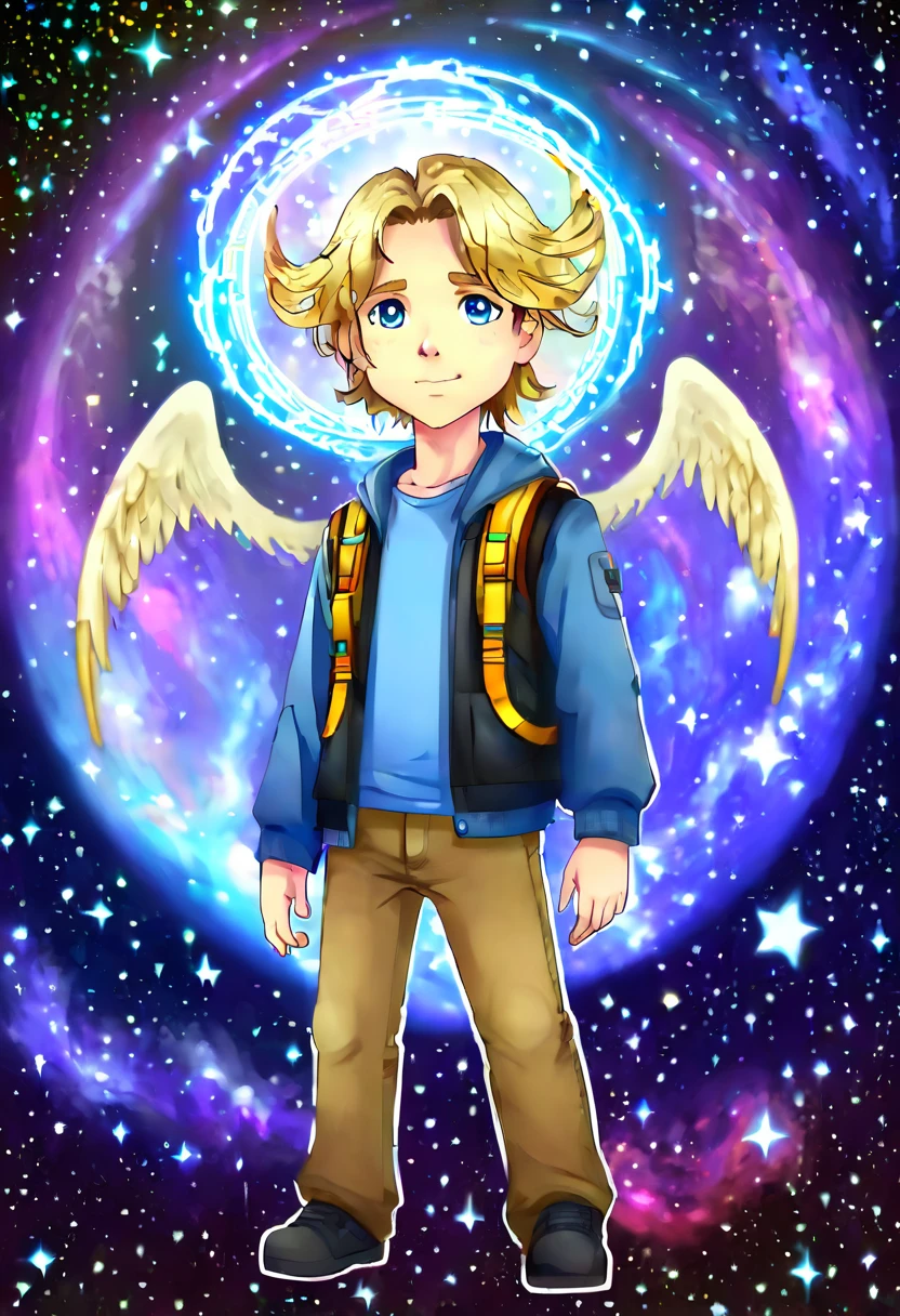 chibi anime style, Light-skinned young full body man, with light blue eyes and long hair, wearing modern clothes. He has an angel halo with unusual shapes above his head and is floating in space. In the background there are bright stars, spiral galaxies and several planets of different sizes and colors.