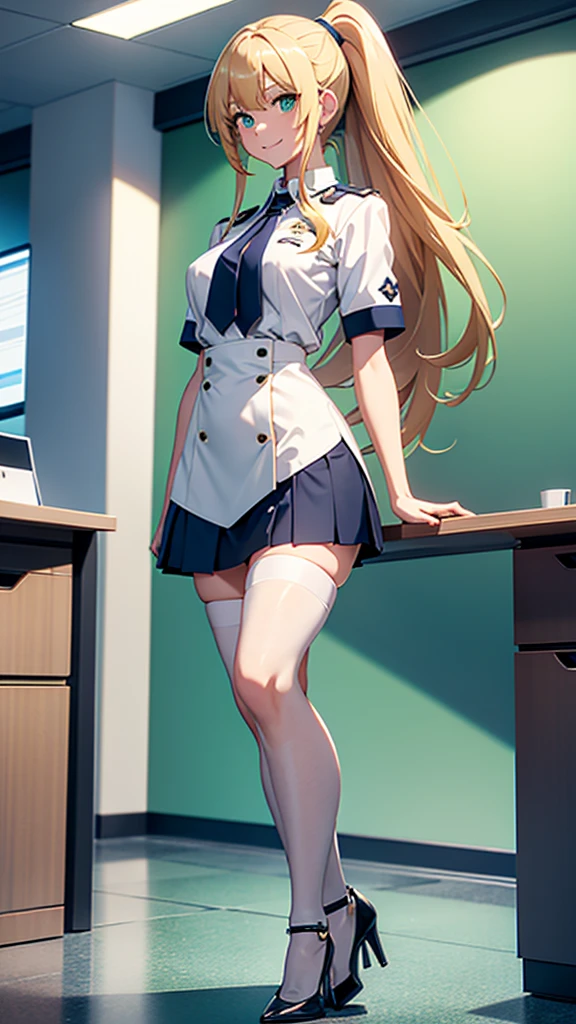 8k, beautiful woman, full body, long hair, double ponytail, golden hair, green eyes, smiling, determined look, white shirt, navy blue miniskirt, white stockings, red heels, office background, standing position touching feet