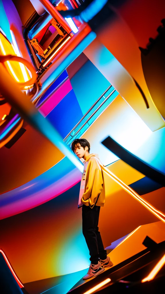 abstract pain said'ENALL' background, 1boy, pose,dynamite, handsome , kpop idol , 16k resolution , ultra-high clarity , hyperrealism, uhd , live stream