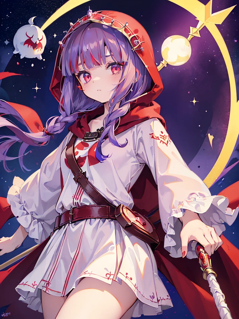 ((((Princess of Moonberg)))), ((1little girl)), ((drooing eyes)),(((deep purple hair))), ((Blunt bangs)), (Fluffy long hair), (Deep red eyes), Pearl earrings,
((((red hood)))), (Lotto emblem on hood), (((Red Stall))),  ((White robe with red edging)),  
Holding a magic staff in her left hand, 
