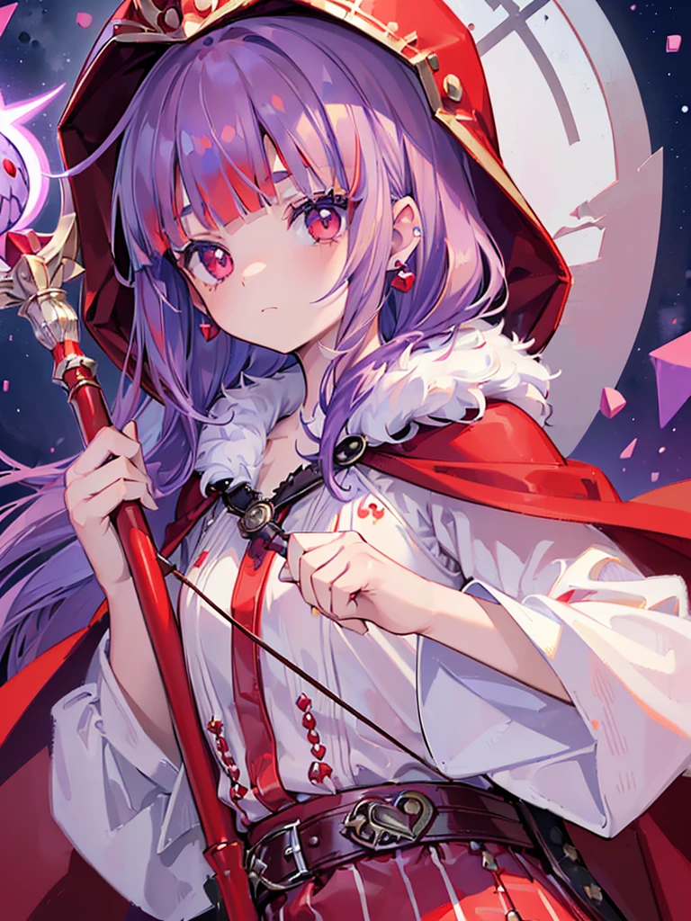 ((((Princess of Moonberg)))), ((1little girl)), ((drooing eyes)),(((deep purple hair))), ((Blunt bangs)), (Fluffy long hair), (Deep red eyes), Pearl earrings,
((((red hood)))), (Lotto emblem on hood), (((Red Stall))), ((White robe with red edging)),
Holding a magic staff in her left hand,