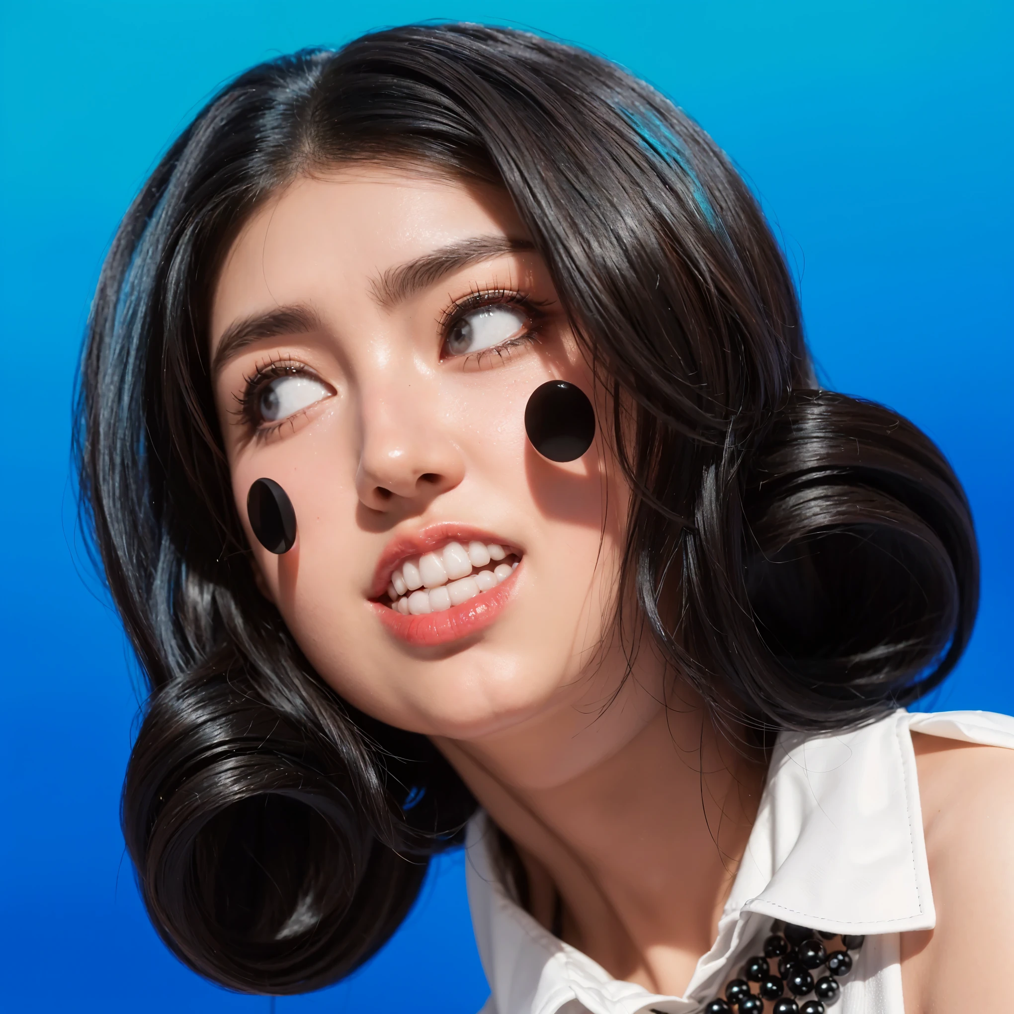 This image features a young woman with an expressive and playful look, styled in a manner that mixes contemporary fashion with cartoon-like elements. Her hair is dark and styled into glossy, voluminous curls, adding a dramatic flair to her appearance. She sports large black dots on her cheeks, enhancing the whimsical nature of the photo, reminiscent of classic mime or clown makeup. Her expression is animated, with her eyes wide and her mouth slightly open in an exaggerated manner, as if she's in the middle of an expressive reaction. She wears a white blouse with a detailed black beaded collar, adding a touch of elegance to her quirky ensemble. The solid bright blue background not only complements her dark hair and the stark contrast of the makeup but also emphasizes the vividness and playful tone of her overall look.This portrayal captures the essence of a character full of life, joy, and a touch of whimsy. 3d model, multiple light sources, rim light, sharp post broken glass magic ball of turquoise color with fragments lying nearby frame above from above on a white background effects render, (glossy plastic texture with multiple big light probe refractions), perfect cgi, smooth silhouette, high intensity refraction, (super glossy plastic material), most beautiful vfx, , realistic, 4k, high resolution, rim light, smooth 3d model, multiple light sources, rim light, sharp post effects render,, realistic, 4k, high resolution, rim light detailed digital art, reflective, best quality, 4k, masterpiece:1.2, ultra-detailed, realistic, vivid colors, The image of the highest quality, ensuring every detail showcased perfectly. It in 4k resolution, allowing viewers to immerse themselves in the richness of the colors and intricate details. The realistic rendering. under the spotlight, reflecting, high-resolution image, realistic rendering