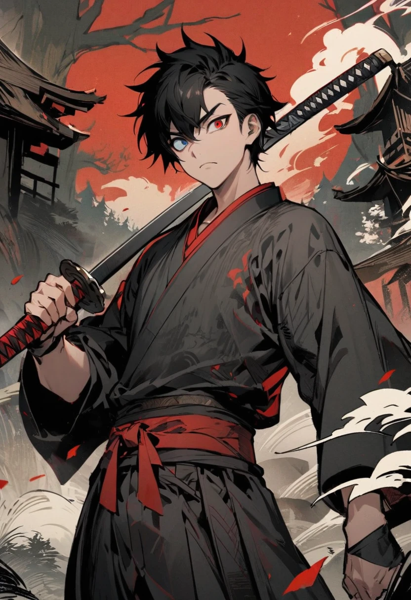 young man ,Male Dark, dark Woods,Red & Black colors, odd eye, samurai dnd, ronin background, hold katana in right hand