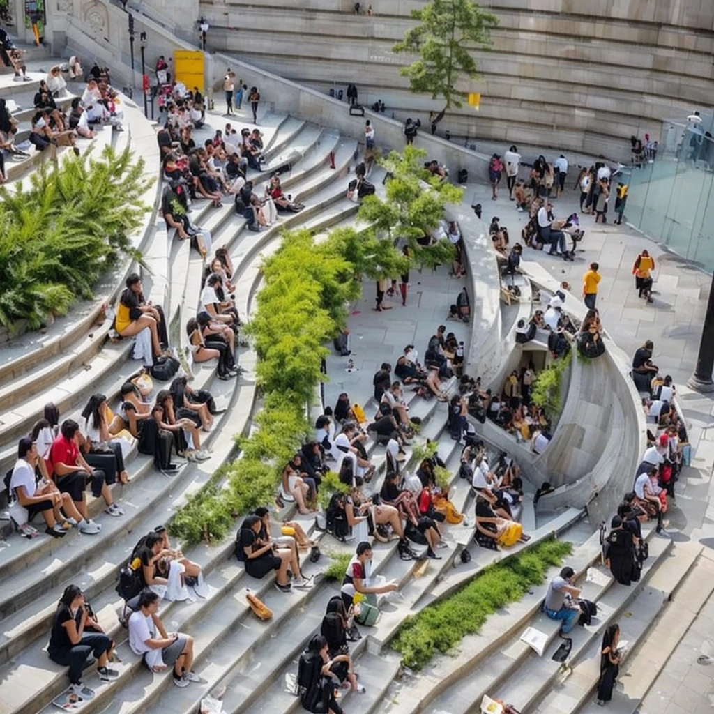 People sitting on the steps of a building with many stairs, Some people sit, Public places, people watching around, very attractive, very busy place, A lot of people, People eating outside, Hot photo, ❤🔥🍄🌪, Hot ,, sit on the floor, university student, afternoon hangout, Photo taken in 2 0 2 0, Hot artwork