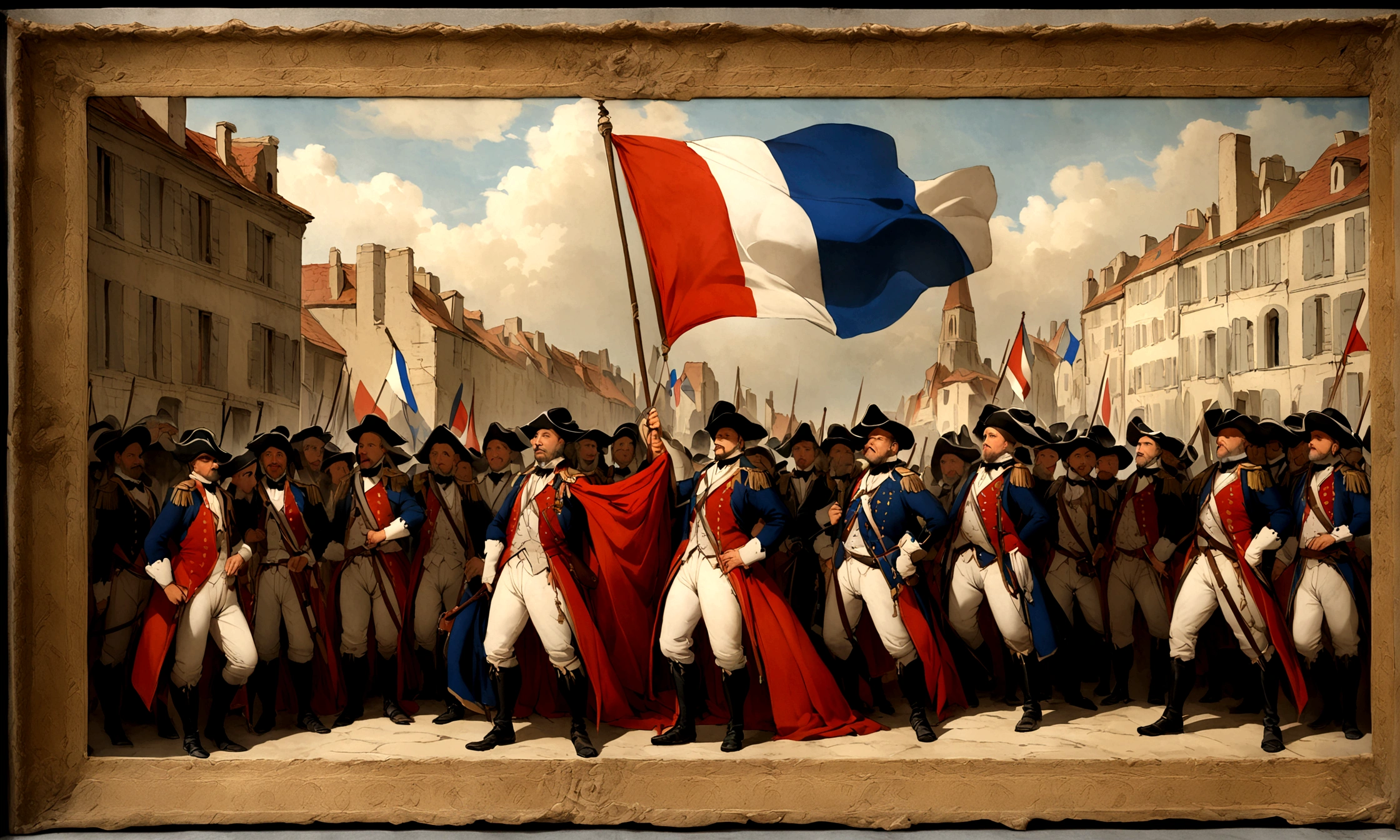 This photo is from France in the 18th century,A man holds a large French flag,The background is black
