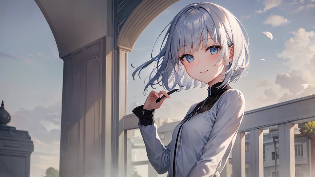 Ultra HD,Look at the viewers, Put your hands behind your back, With a girl, 20-year-old, 非常にShort Hair, Long bangs between the eyes, Pale blue eyes,  Very detailed,(masterpiece、Highest quality),Gray Hair、Laughter、Fantastic, Silver Hair, Iris,  Short hair、 Fluttering Hair、Small Face、明るいsmile、(Detailed face) ,Professional Lighting,Wonderful landscape,blue sky, sunlight,Looking down from above,Portraiture、Open your mouth、Flower Field、Her eyes were shining、Mysterious and enchanting atmosphere。With AI Painting、とてもShort Hair, Long bangs between the eyes, Very detailed,(masterpiece、Highest quality)、alone、Gray Hair、Fantasy, Silver Hair, Fantasyな風景、White shirt、smile、Open your mouth、short hair、Short Hair、hairpin、black eye、Grey Eyes、Beautiful Eyes、