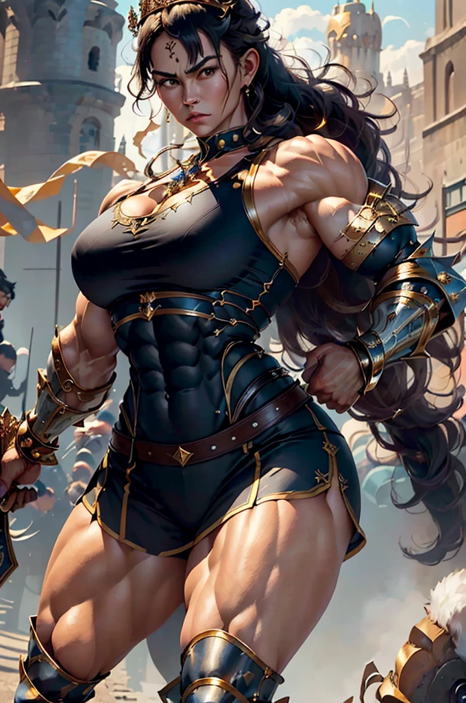 (Best lighting) , (Very intricate details) , 4K Integration, (Super fine CG: 1.2) , (8K: 1.2),(original), (masterpiece) , (Highest quality),(masterpiece:1.4),((Full images))、Photo quality,(masterpiece),masterpiece, Highest quality, Absurd,((Masterpiece, 4K, 8K, High resolution)),(masterpiece), (Highest quality), (Super detailed), (Very delicate and beautiful), ((Cowboy Shot)), 1 female, The face of a 40-year-old Western woman、A beautiful, well-balanced face、
((A woman with a muscular body like a male bodybuilder)),((Huge muscular physique))、((A 200cm tall woman))、((Beautiful woman)),((Woman warrior)),(((Full body image))),45 year old mature woman、,Brave and resolute attitude, Wearing Valkyrie Metal Armor、 (Sleeveless Armor)、((Metal armor that resembles a thick chest and abdominal muscles))、(Heavy metal armor)、Valkyrie's Helmet、Very strong legs、((Long boots with pin heels))、((kneehigh 、Medieval streetscape,Brave pose,Strength and elegance,Solemn atmosphere,Powerful aura,((The Queen's Appearance))、Determined jawline,((The Strongest Queen of Mankind))、(Huge muscular physique),((Protruding veins))、((A woman with a toned chest like a male bodybuilder))、Raised trapezius muscle、very thick neck、((Strong arms with bulging biceps))、A muscular chest、Six-pack、((Thick thighs with bulging muscles))、((Bicep-like calf muscles))、Overflowing with incredible strength、Muscles bulging out from under the force of force all over the body、Black Hair、ponytail、A commanding presence,Poses that show off their monstrous power,Vibrant colors,Down to the smallest thread,Impressive level textures,Sharp focus,Rich and realistic backgrounds,Magnificence and grandeur,((The Mighty Queen)),((Queen of Superpowers)),((A powerful queen of dignity and grandeur)), Inspiring and majestic,Guardian of the kingdom,Unstoppable courage,Divine Destiny,Indomitable spirit,Unforgettable beauty,Unwavering Strength
