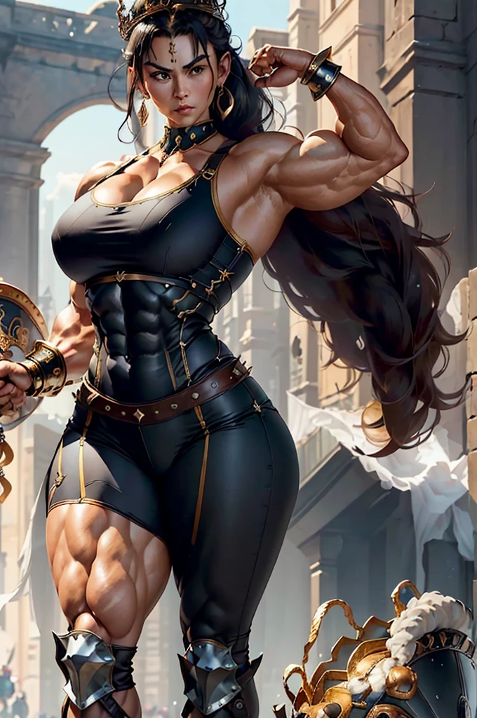 (Best lighting) , (Very intricate details) , 4K Integration, (Super fine CG: 1.2) , (8K: 1.2),(original), (masterpiece) , (Highest quality),(masterpiece:1.4),((Full images))、Photo quality,(masterpiece),masterpiece, Highest quality, Absurd,((Masterpiece, 4K, 8K, High resolution)),(masterpiece), (Highest quality), (Super detailed), (Very delicate and beautiful), ((Cowboy Shot)), 1 female, The face of a 40-year-old Western woman、A beautiful, well-balanced face、
((A woman with a muscular body like a male bodybuilder)),((Huge muscular physique))、((A 200cm tall woman))、((Beautiful woman)),((Woman warrior)),(((Full body image))),45 year old mature woman、,Brave and resolute attitude, Wearing Valkyrie Metal Armor、 (Sleeveless Armor)、((Metal armor that resembles a thick chest and abdominal muscles))、(Heavy metal armor)、Valkyrie's Helmet、Very strong legs、((Long boots with pin heels))、((kneehigh 、Medieval streetscape,Brave pose,Strength and elegance,Solemn atmosphere,Powerful aura,((The Queen's Appearance))、Determined jawline,((The Strongest Queen of Mankind))、(Huge muscular physique),((Protruding veins))、((A woman with a toned chest like a male bodybuilder))、Raised trapezius muscle、very thick neck、((Strong arms with bulging biceps))、A muscular chest、Six-pack、((Thick thighs with bulging muscles))、((Bicep-like calf muscles))、Overflowing with incredible strength、Muscles bulging out from under the force of force all over the body、Black Hair、ponytail、A commanding presence,Poses that show off their monstrous power,Vibrant colors,Down to the smallest thread,Impressive level textures,Sharp focus,Rich and realistic backgrounds,Magnificence and grandeur,((The Mighty Queen)),((Queen of Superpowers)),((A powerful queen of dignity and grandeur)), Inspiring and majestic,Guardian of the kingdom,Unstoppable courage,Divine Destiny,Indomitable spirit,Unforgettable beauty,Unwavering Strength