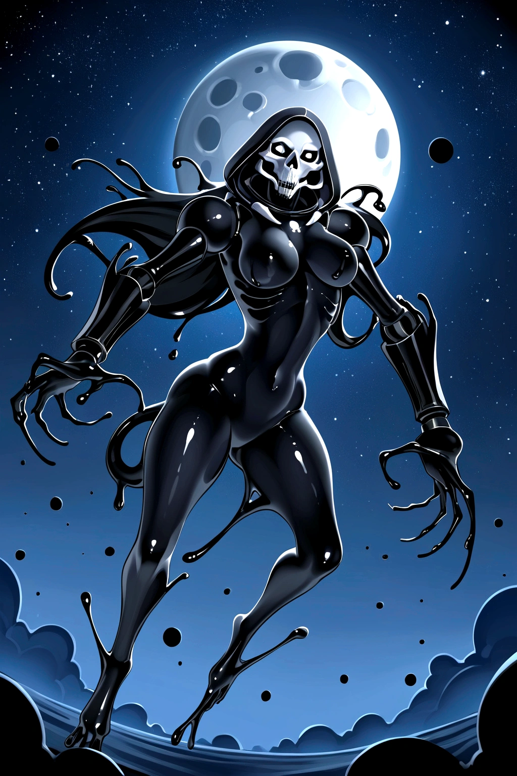 Black white and dark blue theme, An astronaut is floating in dark space and emitting a black slime like claws, Black slime, Black slime emating from him, a Skull instead of his face, Sci-fi, Skull , A feeling of terror, C4D, OC Viewer, Unreal Engine, High detail, Scary design, 8K HD, Scary ambient light, Space horror, Single settlement