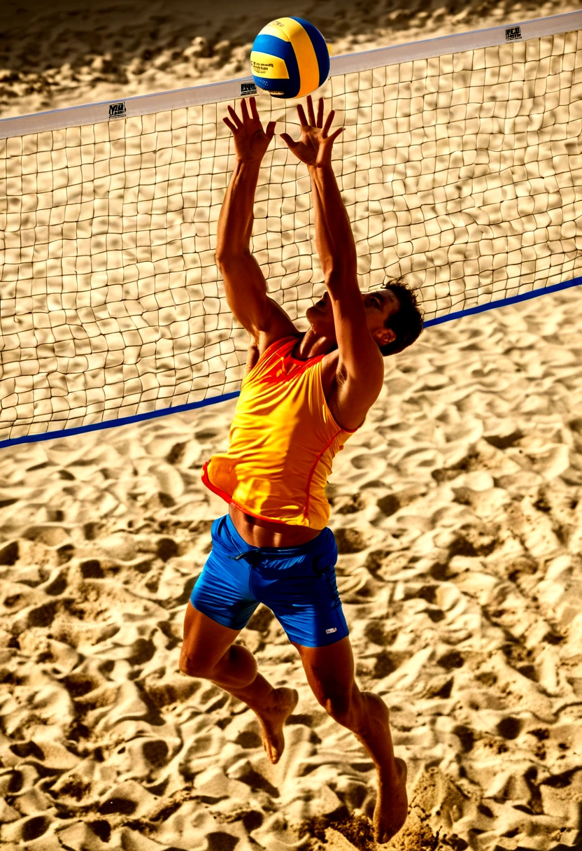 (Beach Volleyball), A beach volleyball female player is preparing to spike the ball on the beach, jumping up in the air. tense muscles appear exceptionally prominent under the influence of strength. tightly grips the volleyball, ready to hit the ball over the net with a full force. wearing brightly colored sports top, the sunlight casts mottled light and shadow on body. The background is a golden beach, sunny and full of vitality, bird's-eye view, full body, (Photography), panoramic view, award-winning, cinematic still, emotional, vignette, dynamic, vivid, (masterpiece, best quality, Professional, perfect composition, very aesthetic, absurdres, ultra-detailed, intricate details:1.3)