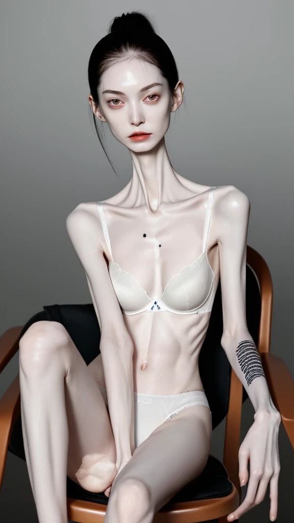 a woman, very thin body, body visible bones, very slender,sweaty weat body,  pale white skin, panties, bra,tatto, full body, has a mental break down , sit a chair