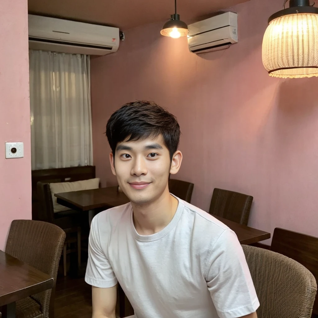 Korean man, Inspiration from Peng Yuyan, 30 years old, 236 years old, Cute Korean Face, 35 yo, 33 year old Korean muscular man,The dining room is in the back. pink t-shirt,