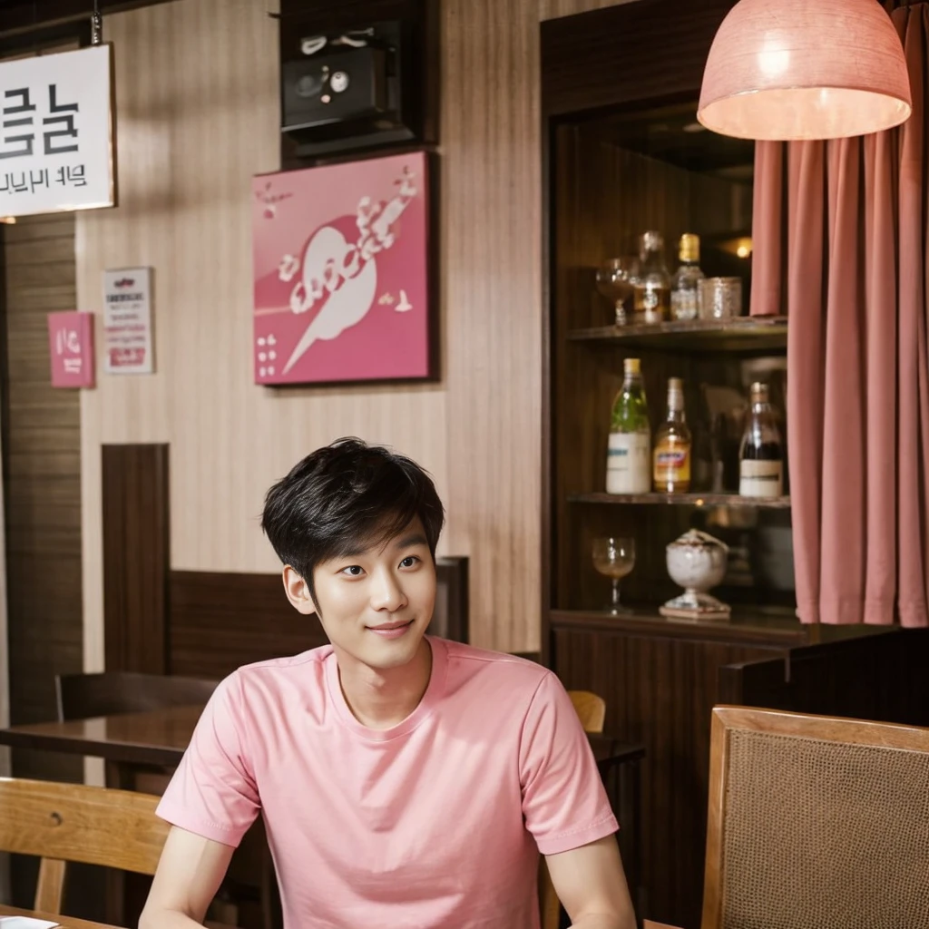 Korean man, Inspiration from Peng Yuyan, 30 years old, 236 years old, Cute Korean Face, 35 yo, 33 year old Korean muscular man，The dining room is in the back. pink t-shirt,