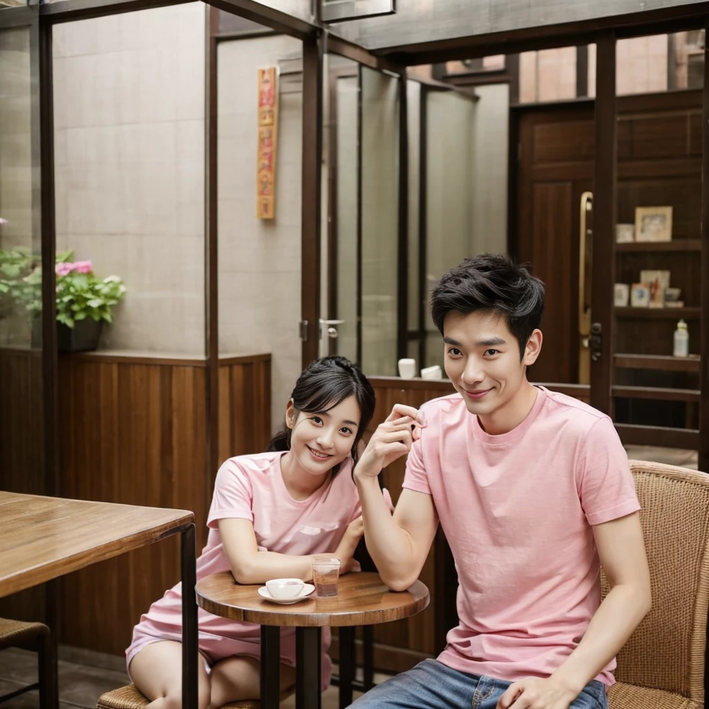 Korean man, Inspiration from Peng Yuyan, 30 years old, 236 years old, Cute Korean Face, 35 yo, 33 year old Korean muscular man,The dining room is in the back. pink t-shirt,