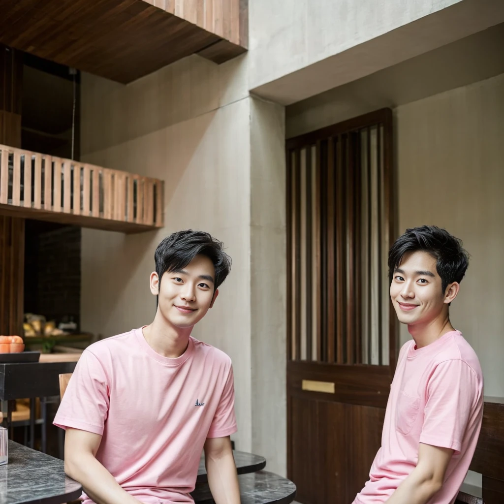 Korean man, Inspiration from Peng Yuyan, 30 years old, 236 years old, Cute Korean Face, 35 yo, 33 year old Korean muscular man，The dining room is in the back. pink t-shirt,