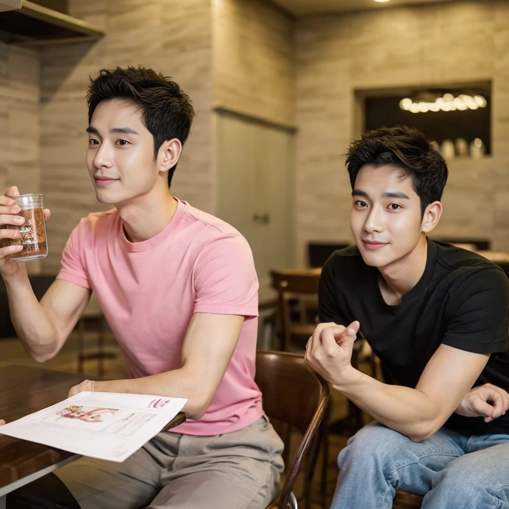 Korean man, Inspiration from Peng Yuyan, 30 years old, 236 years old, Cute Korean Face, 35 yo, 33 year old Korean muscular man,The dining room is in the back. pink t-shirt,