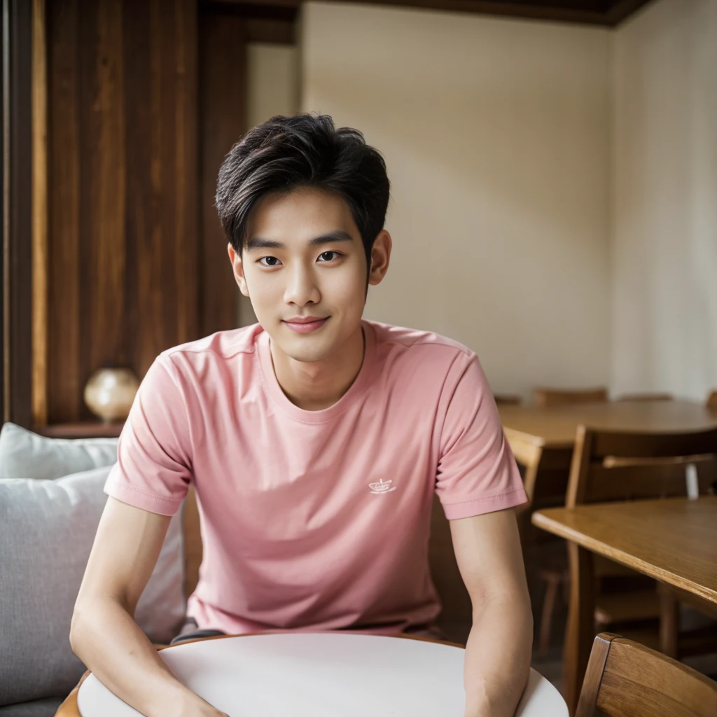 Korean man, Inspiration from Peng Yuyan, 30 years old, 236 years old, Cute Korean Face, 35 yo, 33 year old Korean muscular man，The dining room is in the back. pink t-shirt,