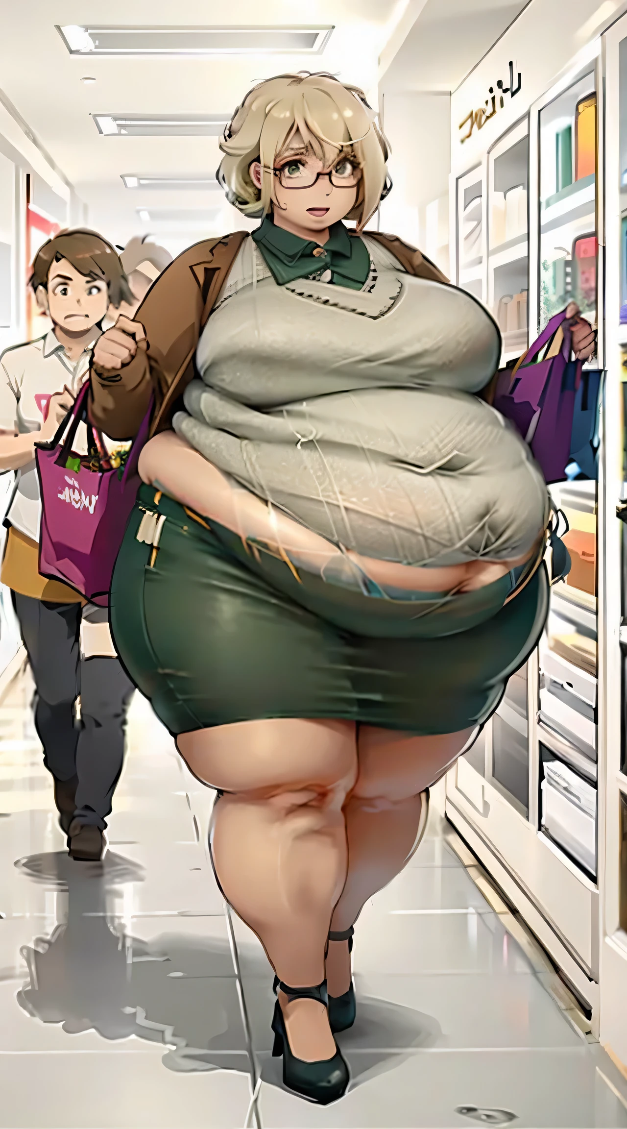 ((Very fat body)), In a busy shopping center environment, Woman with white skin, short blonde hair with a gentle gradient to light brown tone, and green eyes with brown tints, exudes infectious joy. His face is decorated with transparent glasses., emphasizing the charming expression of your cheerful eyes. She wears a soft casual outfit., short white blouse, complemented by a light and comfortable skirt. The set reveals an unpretentious and elegant style., ideal for a relaxed shopping atmosphere. Your radiant smile lights up the room, reflecting happiness, which she finds, walking around this place. short, Dynamic hair has a subtle gradient from light to light brown., add a touch of excitement to your look. Your green eyes, with a hint of brown, convey captivating cheerfulness, reflecting excitement and curiosity, that she is experiencing, walking through the shopping center. The lively atmosphere of a shopping center becomes an ideal place to express satisfaction and joy... Every detail around you, from the colorful shop windows to the bustle of shoppers, Seems, helps create a bright atmosphere, which she happily absorbs. Careful description conveys this scene in every detail., from the casual elegance of his clothes to the infectious vivacity of his expression, creating a vibrant and captivating image of that moment of happiness and relaxation in a shopping mall.,,UHDD, retina, main part, anatomically correct, necessary, Textured leather, Super Detail, high detail, high quality, Provided, Best quality, high, 1080P, HDD, 4K, 8 k, 16K