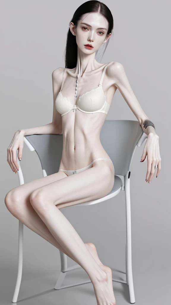 a woman, very thin body, body visible bones, very slender,sweaty weat body,  pale white skin, panties, bra,tatto, full body, has a mental break down , sit a chair