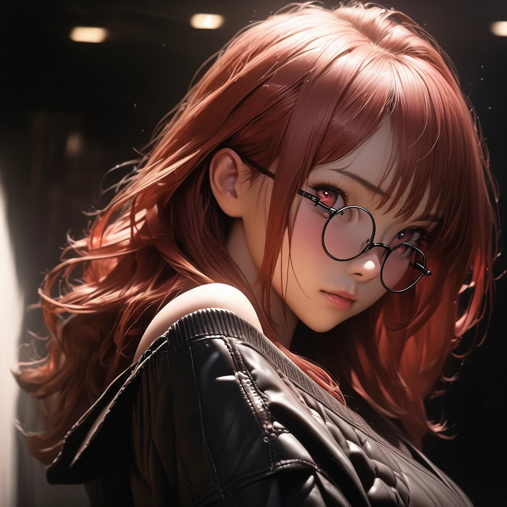 Best quality, masterpiece, ultra high res, (photorealistic:1.4), raw photo, 1girl, offshoulder, in the dark, deep shadow, low key, cold light, glasses, detailed skin, red eyes, red hair, upper body
