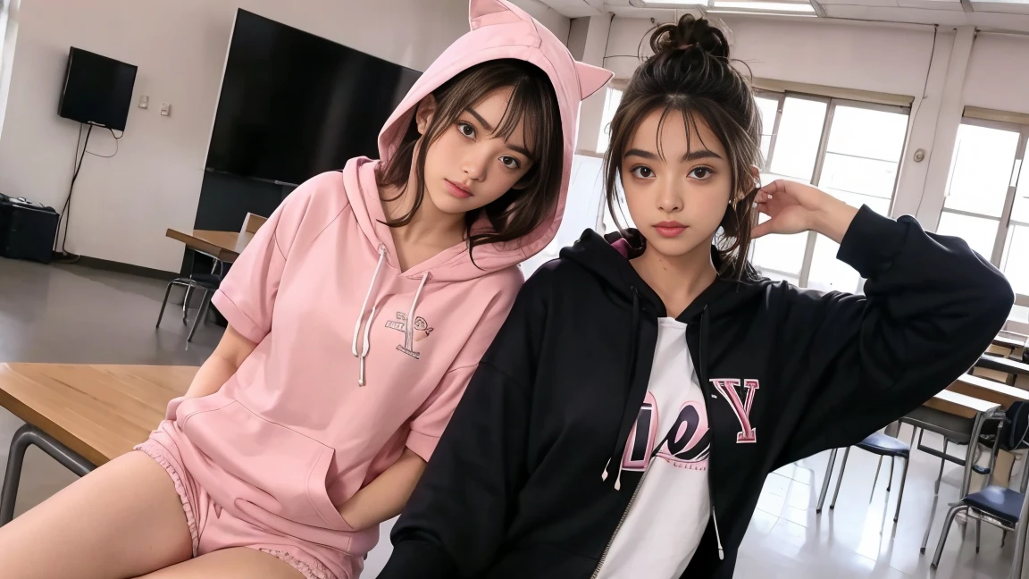 deux femmes ensemble de 18 ans sexy et mince , pink short sleeve hoodie , salle de classe, se touche,position sey,sensuel