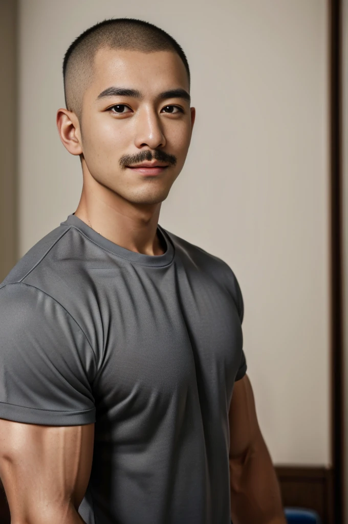 Masterpiece, best quality, high resolution, realistic, handsome, Take beautiful photos, Sayk, NRF, Photo of the 35 year old gym association (The man has a thin mustache.:1.2) Portrait, standing in bedroom , make military media, weight, Amazing , Buzzcut short hair,stubble head , (Hyper Muscle),looking at the audience, Flirt with the camera, charming, (Tight gray exercise shirt ),(GS-Male:1), 8K,Bokeh,Portrait,look at the viewer,