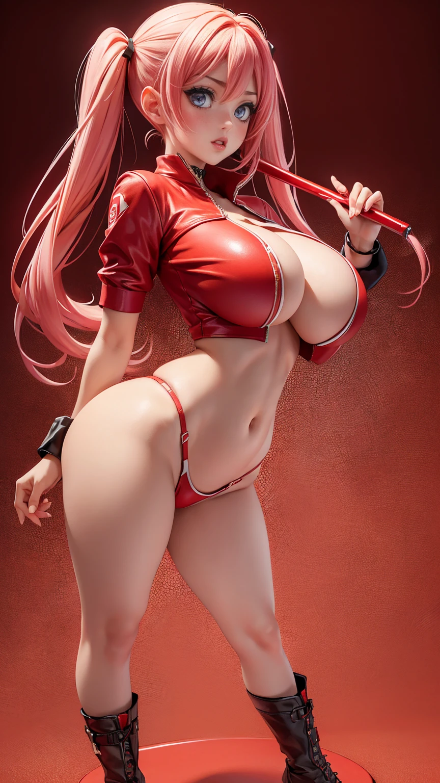((full_body))、Woman、red_background、big_breasts、Detailed、POP、vivid、sexy_pose、underboob、twintails