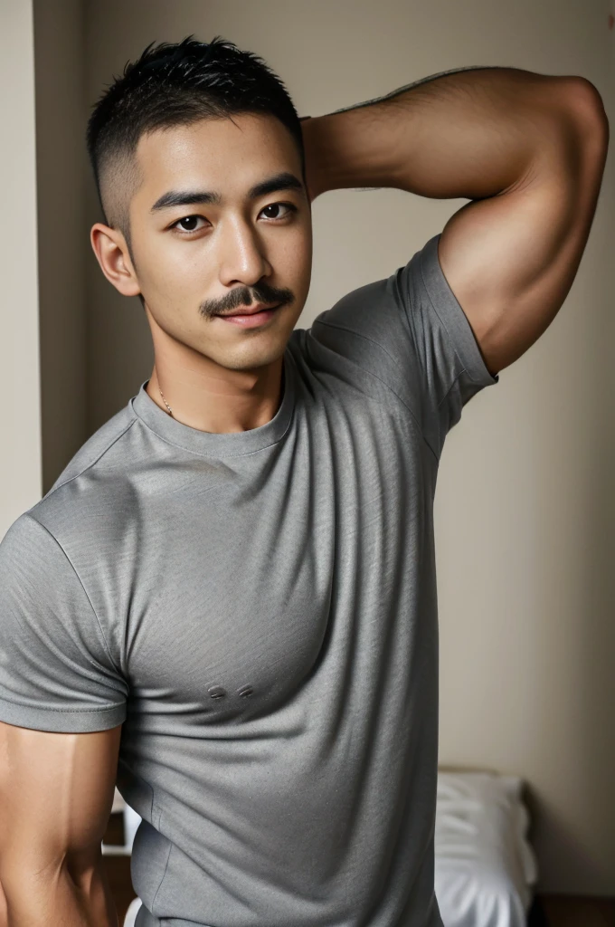 Masterpiece, best quality, high resolution, realistic, handsome, Take beautiful photos, Sayk, NRF, Photo of the 35 year old gym association (The man has a thin mustache.:1.2) Portrait, standing in bedroom , make military media, weight, Amazing , Buzzcut short hair,stubble head , (Hyper Muscle),looking at the audience, Flirt with the camera, charming, (Tight gray exercise shirt ),(GS-Male:1), 8K,Bokeh,Portrait,look at the viewer,