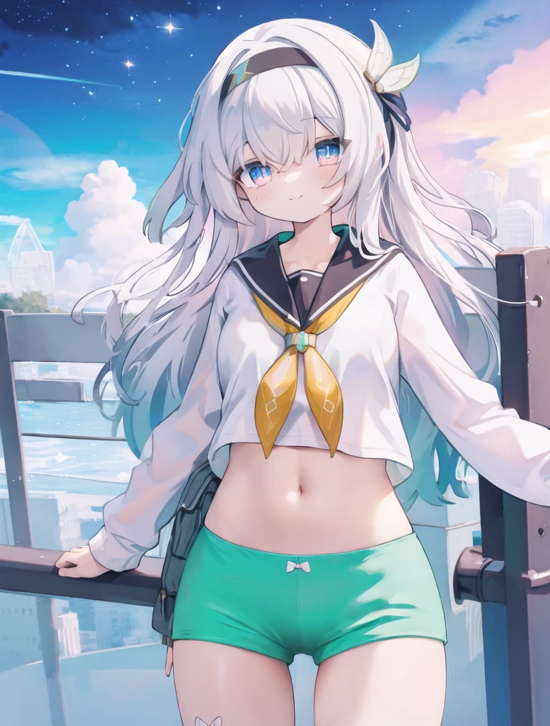 best quality, masterpiece, highres, ï¼firefly \(honkai: star rail\), 1girl, solo, long hair, smile, blue eyes, closed mouth, looking at viewer, outdoors, bangs, (long sleeves), hair ornament, hairband, hair between eyes, cloudy sky, blue sky, star \(sky\), night sky, white hair, (cowboy_shot), (white blouse), [[blouse]],railing,serafuku,sailor_suit,school_uniform,yellow_neckerchief,sailor_collar,navel,(((no_pants,green_panties))),bowleg