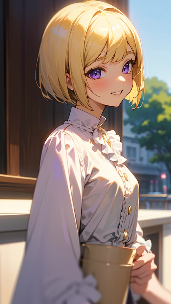 1 Girl、Anime-style paintings、Upper body close-up、From the side、Small breasts、Grin、(blonde)、Bobcut、Beautiful purple eyes、Frilled blouse、Morning Cafe Terrace、Background Blur, Written boundary depth