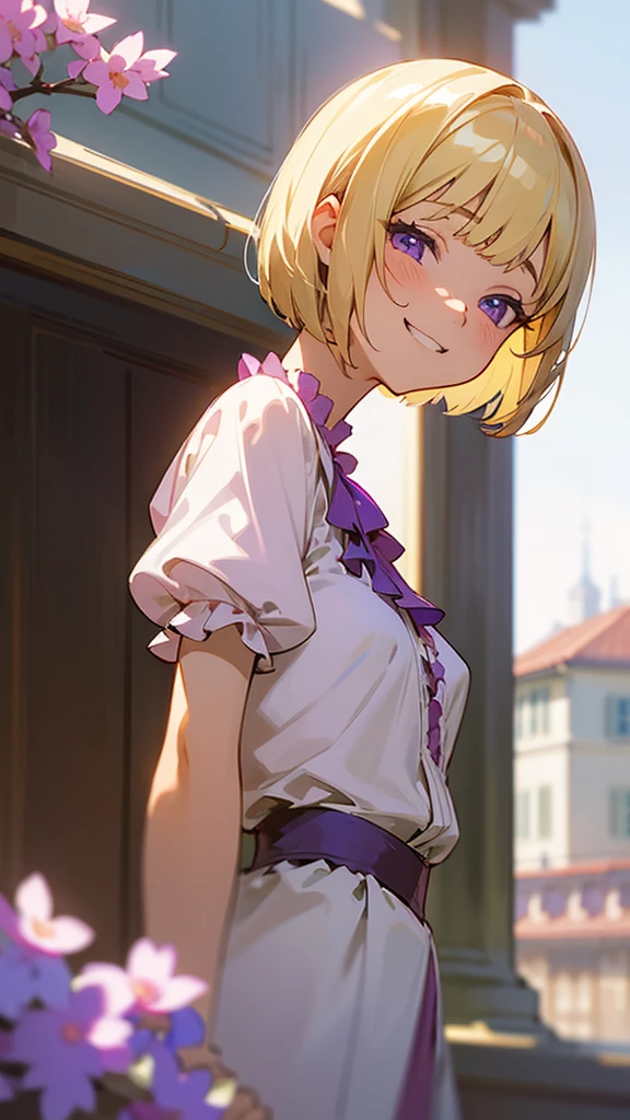 1 Girl、Anime-style paintings、Upper body close-up、From the side、Small breasts、Grin、(blonde)、Bobcut、Beautiful purple eyes、Frilled blouse、Morning Cafe Terrace、Background Blur, Written boundary depth