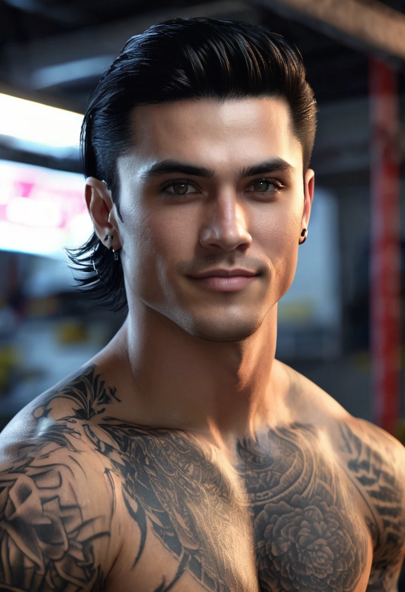 1 man, inside a garage with a motorcycle behind at night, wearing a black dryfit shirt, detailed facial features, masculine eyes, detailed light skin, medium length black hair, strong expression with a corner smile, dramatic lighting, cinematic composition, palette cold and dark, beautiful face, strong chin, handsome man, tattoo on neck and arms, eyebrow piercing (best quality, 4K, 8K, high resolution, art: 1.2), ultra-detailed, (realistic, photorealistic, photorealistic : 1.37)