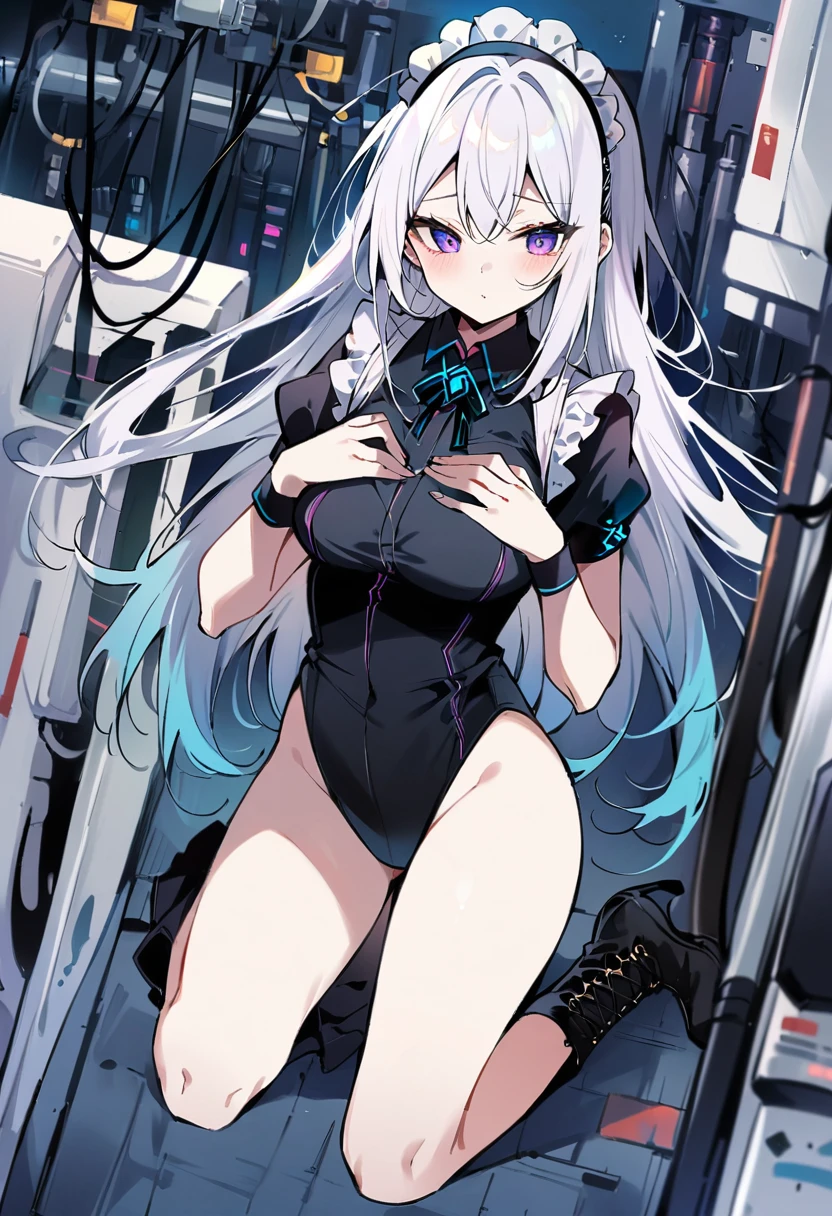 (Perfect Anatomy:1.2, Highest quality),(Maid leotard details:2.0),One Girl,alone,Long Hair:1.5, (Short sleeve, Thighs,Maid Cufflinks),,(High heel lace-up boots:1.4), (Without skirt:3.0),Dark aura,Leotrad,,love for viewers,Look down,(at a research facility:1.4),full body